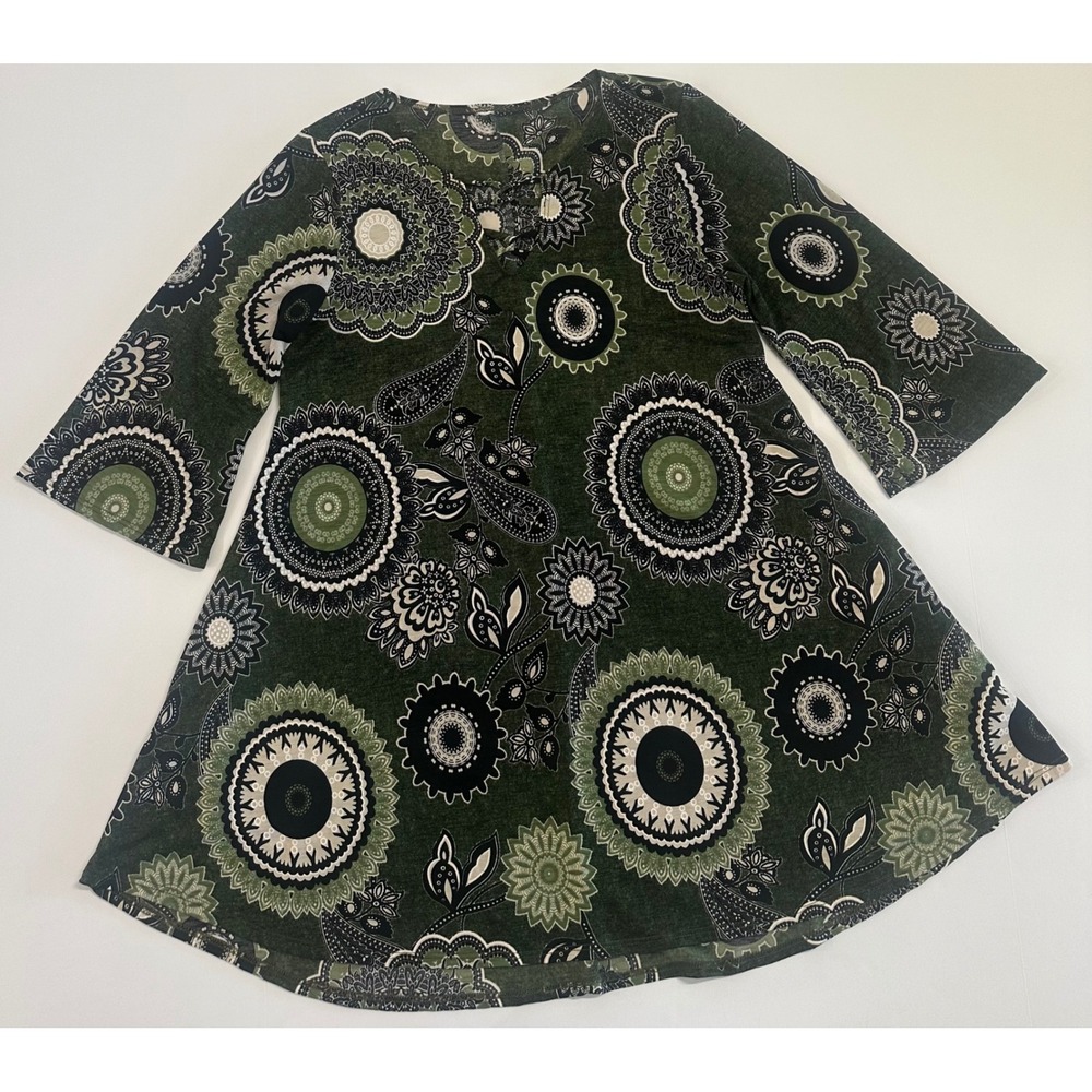 Green Mandala Paisley Lace Up V-Neck Tunic Top with Pockets and Bell Sleeves